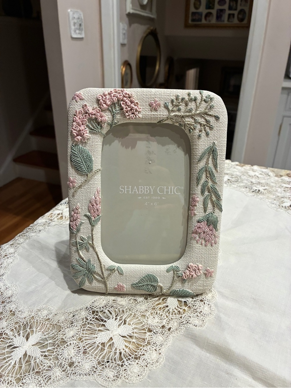Shabby Chic Embroidered Floral Picture Frame in Cream and Pink